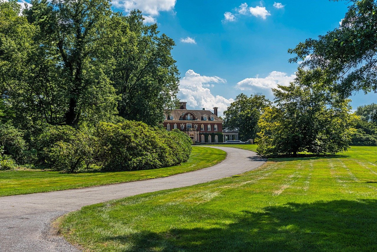 Home mansion, nature, long driveway, estate, trees, blue sky, summer, green sky